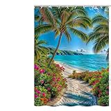 Tenda Doccia Antimuffa Paesaggio con Albero di Cocco 180x200 cm, Tenda Vasca da Bagno Impermeabile Lavabile Tende Doccia Tessuto in Poliestere con Anelli per Casa, Mare, Orlo Appesantito (LB731)