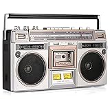 Radio E Registratore Cassette retrò, Stereo Portatile con Lettore CD Anni ‘80, Boombox a Cassette Portatile, con FM e AM + Registrazione USB, Ricevitore Bluetooth, Doppio Altoparlante
