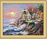 Tunejoy Punto Croce,Kit Punto Croce Faro sul Mare Set Punto Croce Ricamo Set tra Cui Filati Colorati Disegno ago Panno di Cotone 35x28,5 cm