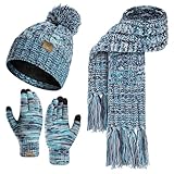 Honnesserry Set Sciarpa Cappello Guanti - Berretto da Donna Scaldacollo Sciarpa Lunga e Guanti Termici Touch Screen 3 Pezzi Inverno Lavorato a Maglia Pom Cap Unisex Maglia Melange Lago Blu
