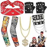 6 Pezzi Punk Gothic Rocker Kit, Set di Accessori Anni '70 Cosplay Anni '80, Inclusi Punk Braccio Finto Maniche Tatuaggio Bracciale In Pelle Guanti Occhiali Da Sole, Per Cosplay Feste Rocker Look
