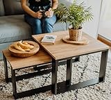 LEHMANN Tavolino Salotto Legno, set di 2 Tavolini da soggiorno in 2 Misure, Tavolini da caffè con Struttura Nera e Piano in Legno, Mobile Soggiorno in stile moderno, Facile da Montare