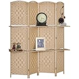 HOMCOM Paravento da Interno a 4 Pannelli Pieghevole, 160x170 cm Separé Divisorio per Ambienti Interno Autoportante con Mensole in Carta e Legno di Pino per Casa, Soggiorno e Ufficio, Color Naturale