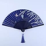 Ventaglio pieghevole da donna, in bambù, con nappa, in tessuto di seta, decorazione da parete, per feste di nozze (blu scuro)