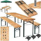 tectake Set giardino esterno, 1 tavolo e 2 panche in legno pieghevoli, supporto ombrellone, struttura in acciaio, stabile e resistente, facile da riporre e trasportare, ideale per campeggio, terrazza