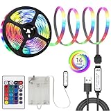 MUSUNIA Striscia LED a batteria, 2 m, RGB 5050, funzionamento a batteria o USB, dimmerabile, 16 colori, tagliabile per TV, decorazione per armadi, scale