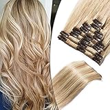 Elailite Extension Capelli Veri Clip Remy Human Hair Extensions Set da 8 Ciocche Full Head Hair Extensions Clips Invisibili 25cm 50g #18/#613 Beige Sabbia Biondo/Biondo Chiarissimo