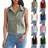 Canottiera da donna estiva in cotone e lino, senza maniche, casual, colletto alto, con bottoni, leggera, traspirante, per ufficio, Verde Aaaminz, S