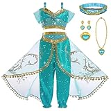 DiULi Jasmine Abiti Ragazze, 7PCS Set Jasmine Principessa Abiti Ragazze con Orecchini, Collana, Anelli, Cerchietti, per Festa Danza Compleanno Halloween Cosplay, Taglia 120