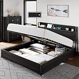LUXOAK Letto Contenitore 140x200 cm con Box Sollevabile e Stazione di Ricarica – Struttura Letto con Spazio di Archiviazione, Silenzioso, Nero, Senza Rete a Molle