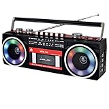Registratore Lettore Cassette Retro Anni 80 con Boombox Bluetooth, Radio AM/FM/SW, Registrazione USB, Jack per Cuffie, Suono Stereo 16 Watt RMS, Alimentazione AC/DC