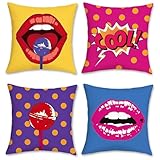 Bonhause 4 Pack Federa per Cuscini Pop Art 45 x 45 cm Labbra Pois Velluto Morbido Copricuscini Funky Moderno Decorativi per Divano Letto Auto