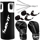 MOVIT Set Sacco da Boxe - 25kg, in PVC, Riempito, Altezza Sacco 80cm, Guantoni da Boxe, Bende, per Adulto, Nero o Bianco - Kit Pugilato, Allenamento Arti Marziali, Kick Boxing, MMA, Fitness
