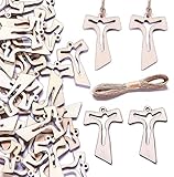 MKISHINE 55 Pezzi Pendente Ciondolo Croce Comunione in Legno+ 10m Rotolo Juta,Legnetti Decorativi Charms per Prima Comunione Bomboniere,Sacchetti,Segnaposto
