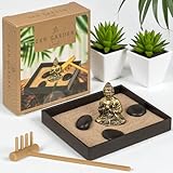 MIJOMA Mini Zen - Set da giardino con statuetta di Buddha, decorazione da tavolo per la consapevolezza e la meditazione, con sabbia, pietre e rastrello, decorazione giapponese per ufficio e casa