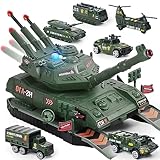 Carro Armato Giocattolo Militare con 6 Veicoli Militari, Carro Armato Giocattolo con Suono e Luce Lanciamissili Veicolo Carro Armato Regalo per Bambini Ragazzi 3 4 5 6 7 Anni (Verde)
