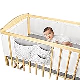 SweetComfort Paracolpi Traspirante per Lettino Neonato con Tasca Portaoggetti - Adatto ai Letti Neonato 60x120 e 70x140 cm - Colore Bianco Stellato - Velcri Regolabili - Paracolpi Lettino Neonato