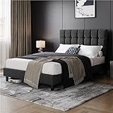 Yaheetech Letto Imbottito 140 x 200 cm con Testiera Quadrata Altezza Regolabile Doghe in Legno Grigio Scuro