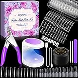 MOOING Tip Unghie e Colla Gel Kit Unghie Finte con Colla, 504 Pezzi Unghie Finte Corte in Gel, 11 Taglie Kit Tip Unghie Ballerina, Con Mini Lampada UV LED Unghie per Saloni e Uso Domestico Nail Art