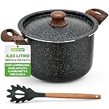 NutriChef Pentola Pasta 4,7 Litri, Pentola con Scolapasta Incorporato e Forchettone, Pentola Antiaderente, Manici Resistenti al Calore, Facile da Pulire, Nero Marmo