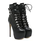 SPONYBORTY Scarpe da donna con tacco super alto da 16 cm Stivali con tubo centrale con fibbia per cintura Stivaletti con plateau impermeabili sexy stile donna stivali/Black/38EU