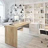 Dmora Scrivania Greensboro, Scrittoio Multifunzione Reversibile da Ufficio con cassettiera, Tavolo da Studio o Ufficio Porta PC ad Angolo, 145x108h73 cm, Rovere e Bianco