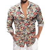 Camicia colorata da uomo a maniche lunghe, hippies anni '70, floreale, arcobaleno, stile hawaiano, per il tempo libero, per feste, street, Paisley, vintage, alla moda, O marrone, S