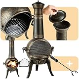 TecTake® Stufa da Giardino in Ghisa, Stufa da Terrazza con Griglia Estraibile e Attizzatoio, Regolazione Aria, Protezione dalle Scintille, Copertura Caminetto Removibile - Grigio