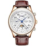 Guanqin Orologio da polso da uomo, multifunzione, automatico, automatico, meccanico, con vetro zaffiro, fasi lunari, calendario perpetuo, impermeabile, in acciaio inox o cinturino in pelle, Rosa