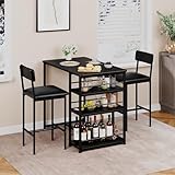 Tavolo da Bar con 2 Sedie Imbottite - Set 3 Pezzi Tavolo da Pranzo - Tavolo da Cucina Salvaspazio con 3 Ripiani - Tavoli Bar Alti per Sala da Pranzo, Cucina - Stile Moderno - Nero