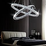 Finktonglan Lampadario moderno in cristallo, lampadario a LED con telecomando, lampada da soffitto ovale, 2 anelli, 56 cm, 32 cm, lampada a sospensione per soggiorno, sala da pranzo (luce bianca 6500