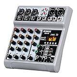 BOMGE Mixer audio, console di mixaggio con 5 canali USB digitale Bluetooth effetto ritardo eco, alimentazione phantom 48 V mixer stereo DJ per registrazione, live streaming, podcasting