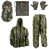 PELLOR Tuta Mimetica Ghillie 3D, Tuta Mimetica Jungle Ghillie Suit Boschiva Abbigliamento con Cappucci e Mimetici Guanti per Camouflage Caccia Campeggio Nascosto