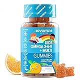 Omega 3 6 9 per Bambini - con Vitamina D, E, e Olio di Perilla 50mg - Vitamine Bambini - Alternativa Vegana a Olio di Pesce - Senza glutine - Omega 3-30 Orsetti Gommosi - Gusto Arancia - Novomins