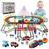 KIMIGO Piste Macchinine per Bambini,Trenino Elettrico per Bambini,Trenino Elettrico con Pista da Corsa per,141 Pezzi Treno Set Giocattoli,Costruzione di Circuiti da Corsa con Auto e Treno