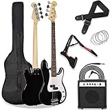3rd Avenue Kit pacchetto basso elettrico beginner dimensioni standard 4/4 con amplificatore da 15 W, custodia, cavo di connessione, tracolla, stand e corde di riserva – Nero