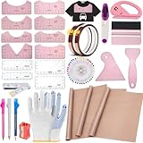 QUKLOGEN Kit di strumenti per camicie a sublimazione, 68 pezzi, set di righelli riutilizzabili per misurare la camicia, con scollo rotondo e scollo a V, righello guida per maglietta, foglio in teflon