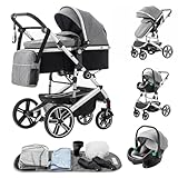 Zkiprm Passeggino 3 in 1, passeggino e seggiolino auto combinato, con manico regolabile in altezza, con zanzariera, carrozzina da viaggio con telaio in alluminio, per neonati da 0 a 4 anni, grigio