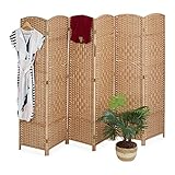 Relaxdays Paravento a 6 Pannelli, Separè Pieghevole, 170x241 cm, Divisorio per Interni, Corda di Carta, Marrone Chiaro, Legno
