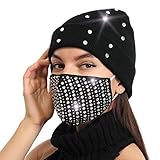 IYOU Glitter Lavorato Maglia Berretto Cappello Nero Brillante Cristallo Vello cap Inverno Morbido Caldo di Lana Cappelli Corrispondenza Scintillante Strass Maschere per Donne e Ragazze