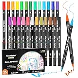 Shuttle Art Pennarelli a doppia punta, 25 colori di inchiostro a base d'acqua, pennarello sottile e punta a pennello con 1 libro da colorare per bambini e adulti, artisti, calligrafia, lettere a
