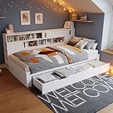 Divano Letto Contenitore Matrimoniale 140x200 con Cassetti, Libreria e Mobiletto Contenitore, Struttura Letto con Vano Contenitore, Letto Una Piazza e Mezza con Rete a Doghe, Senza Materasso, Bianco