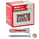 Fischer 25 Tasselli Duopower con Vite, 8 x 40 mm, per Muro pieno, Mattone Forato, Cartongesso, Pensili, Staffe TV, Mensole, 544016