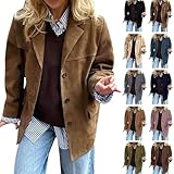 Giacche in pelle scamosciata per le donne UK Smart Casual Oversize Button Down Manica Lunga Cappotto in Ecopelle Y2k Autunno Moda Abiti Tasche, A01-Cachi, S