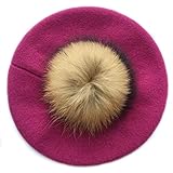 Brillabenny Basco Berretto Donna in Cashmere e PON PON Pelliccia MURMASKY Cappello Cappellino Cuffia Donna Ragazza Hat Beret cap Fur PON PON (Fuxia)