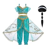 ACWOO Costume Vestito Jasmine Principessa per Ragazza Bambini, Jasmine Costume Ragazze Principessa con Parrucca, Jasmine Principessa Abiti Ragazze per Festa Danza Compleanno Halloween Cosplay (120cm)