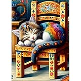 DPHERO DIY Sleeping Cat Diamond Painting Kits for Adults,5D Chair Diamond Art Kits for Beginners,Round Full Drill Vintage Diamond Painting Art,DIY Painting by Numbers Diamond Art Painting 12x16 inch