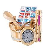 Saunify - Set di 5 secchi per sauna in legno di pino, per sauna con inserto in PVC, secchio per sauna con mestolo, clessidra, termico e igrometro