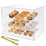 Cityjoy Espositore per pasticceria con 3 vassoi con porte posteriori magnetiche, 52,8 x 40,1 x 42,9 cm, in acrilico, con vassoi rimovibili e pinze in acciaio, espositore per alimenti per ciambelle