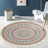 Tappeto rotondo in cotone bohémien, lavabile, tessuto a mano, con nappe, per camera da letto, corridoio, soggiorno e tavolino da caffè, lavabile in lavatrice, 60 cm, fiori #12